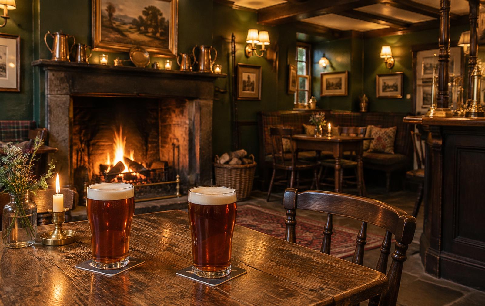 Illustration of two pints beside a cosy pub fireplace